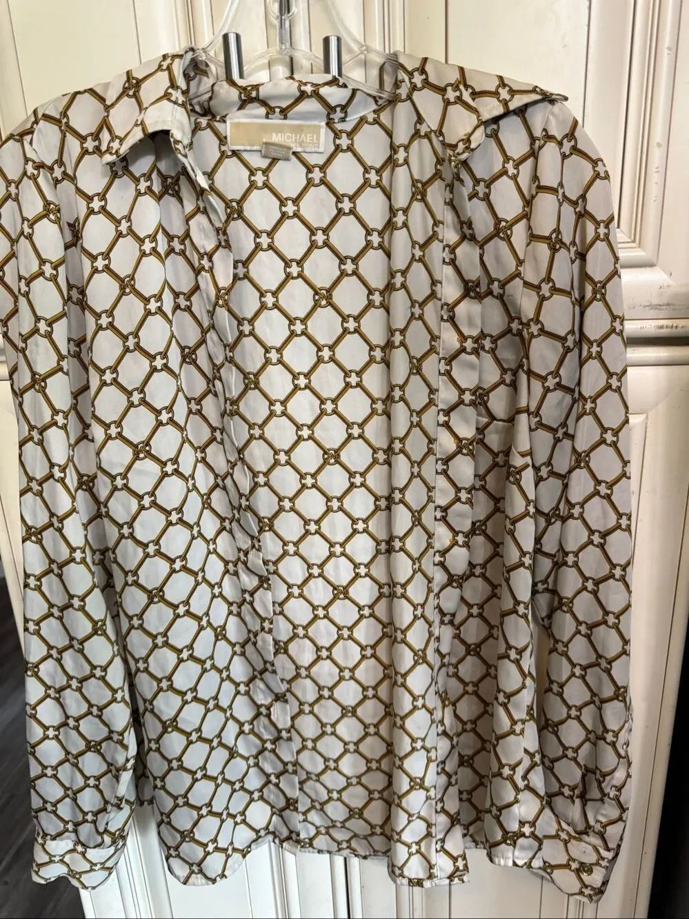 Michael Kors Women's Logo Buttons MK Gold Chains Button Up Blouse Gold Medium